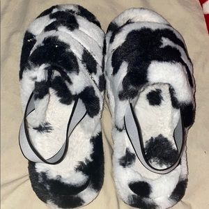 Cow print fuzzy slippers